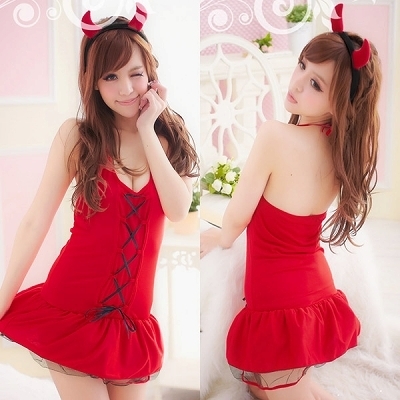 年中無休！即日発送OK！3000円以下の激安ハロウィンコスチューム・角カチューシャ付き・編み上げがキュートなレッドデビル