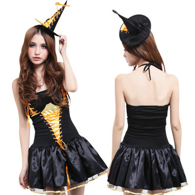 年中無休！即日発送OK！3000円以下の激安ハロウィンコスチューム・魔女・ホルターネック・黒 黄