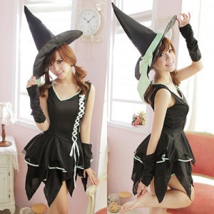 激安ハロウィン コスプレ・ネオングリーンのレースアップ魔女ドレス