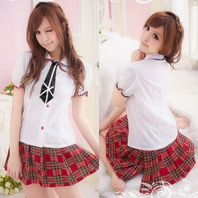 女性ステージ衣装 アイドル・ネクタイ付き・赤チェックのミニスカスクール制服