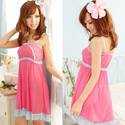 露出少なめ ベビードール・水色フリル×ピンクシフォンのふんわりベビードール